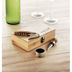 Branded Bamboo Box Wine Set with Corkscrew in use