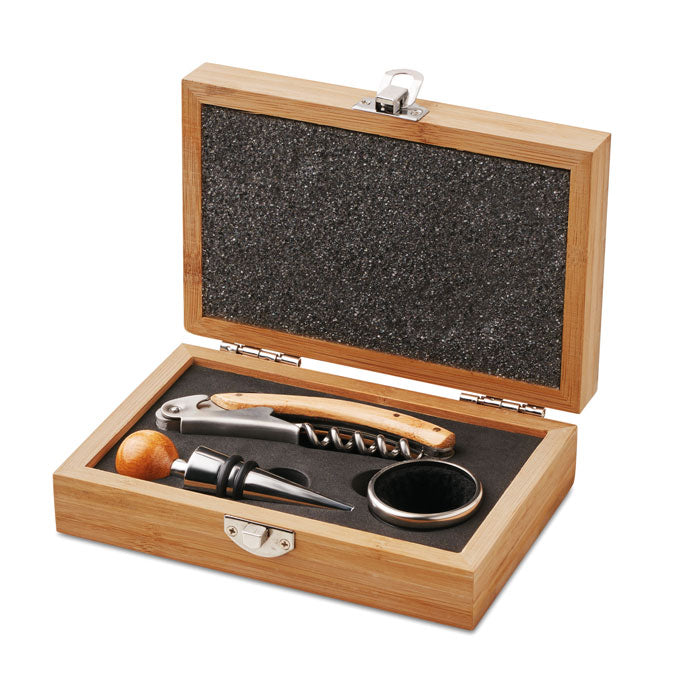 Branded Bamboo Box Wine Set with Corkscrew