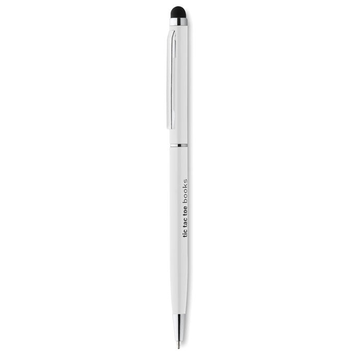 Branded Twist Stylus Pen with Chrome Clip in White