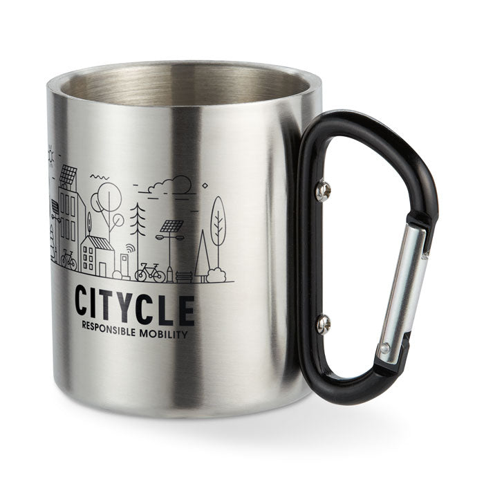 Branded Double Wall Mug with Carabiner Handle - 220ml in Black