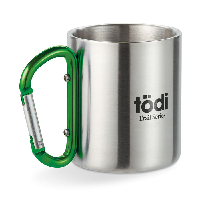 Branded double wall mug with carabiner handle, printed