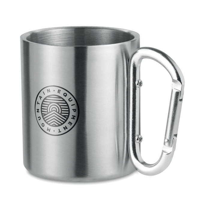 Branded Double Wall Mug with Carabiner Handle - 220ml in Silver