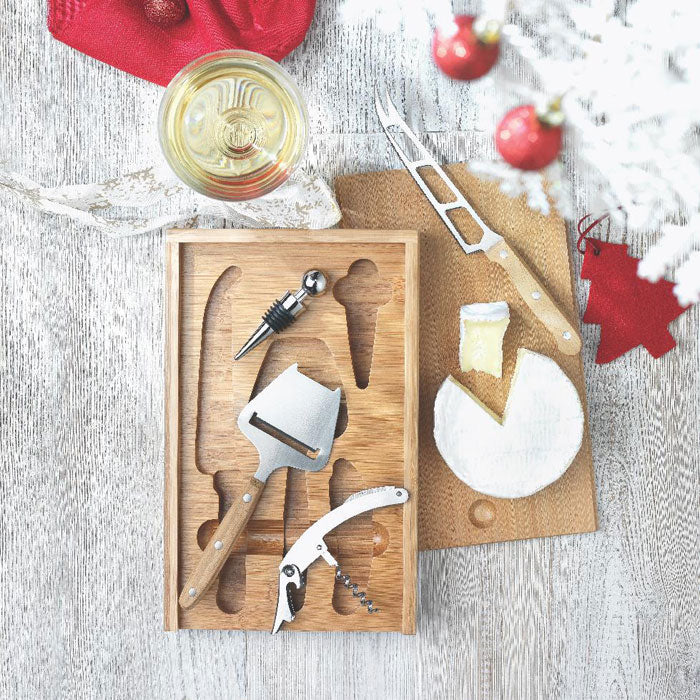 Branded Bamboo Cheese and Wine Set in use