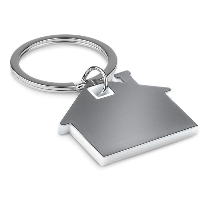Branded House Shaped Plastic Key Ring in White
