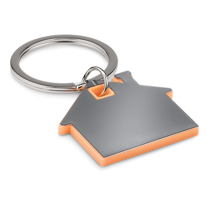 Branded House Shaped Plastic Key Ring in Orange