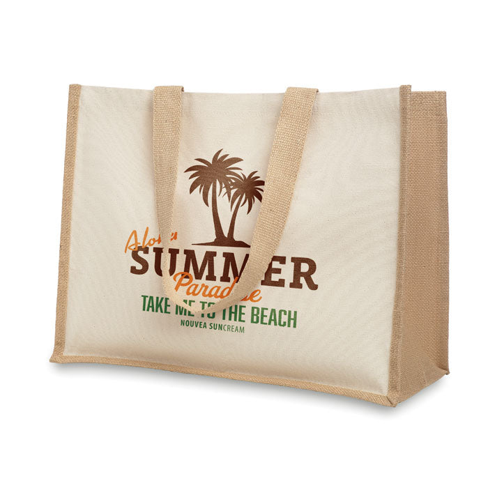Branded Jute and Canvas Shopping Bag in Brown