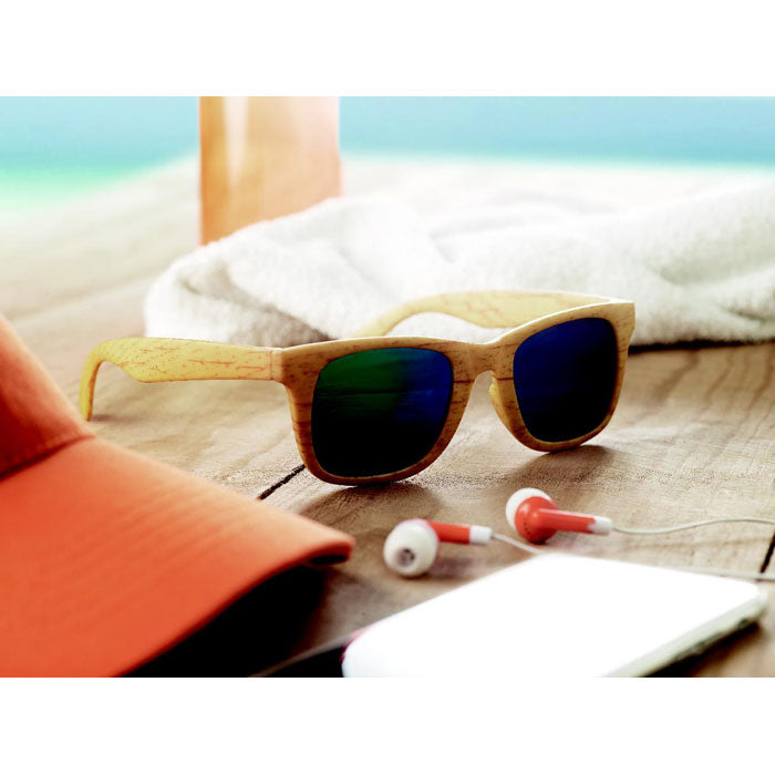 Branded Wooden Look Sunglasses with Mirrored Lenses in use
