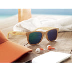 Branded Wooden Look Sunglasses with Mirrored Lenses in use