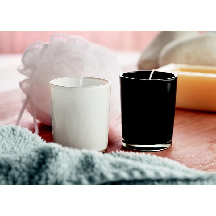 Branded Scented Candle in Coloured Glass 50g in use