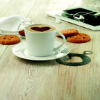 Branded cappuccino cup and saucer, in use