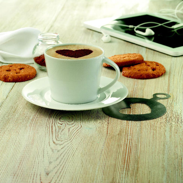 Branded cappuccino cup and saucer, in use