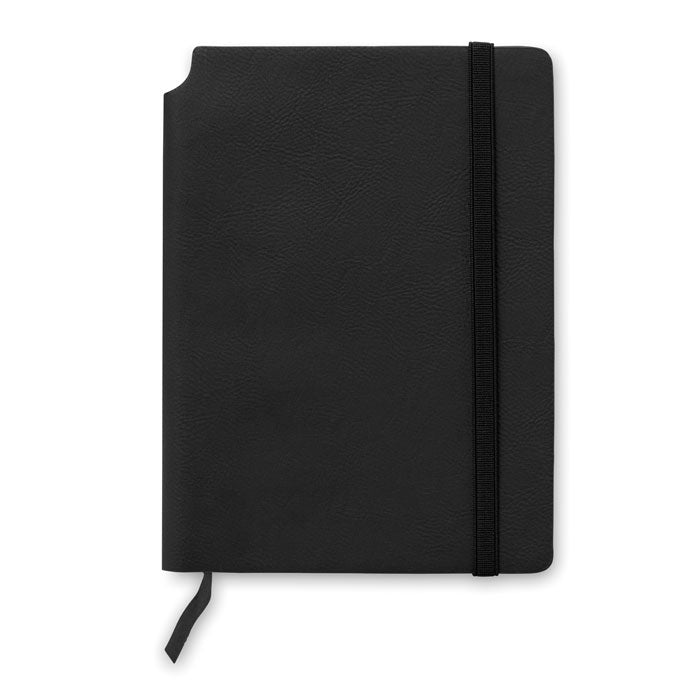 Branded A5 Soft PU Notebook with Pen Holder in Spine in Black