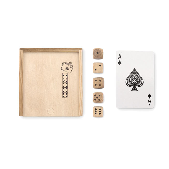 Branded Cards and Dice Set in Wooden Box without branding