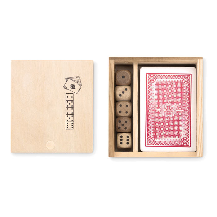 Branded Cards and Dice Set in Wooden Box without branding