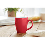 Branded coloured mug in gift box, in use