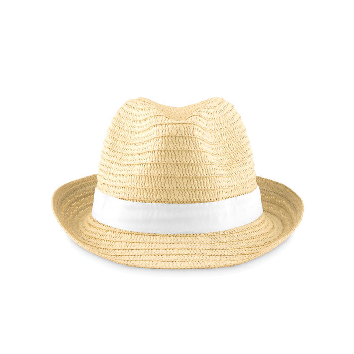 Branded Paper Straw Hat with Coloured Band in White
