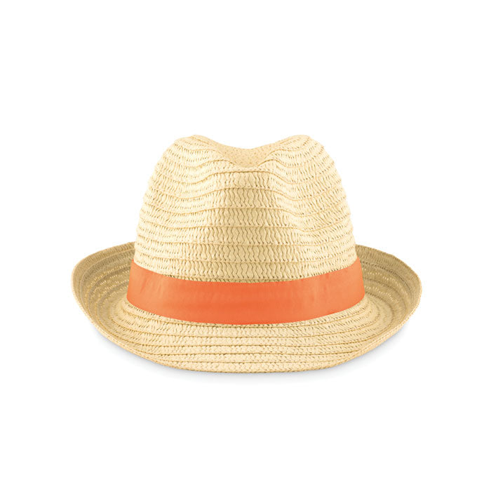 Branded Paper Straw Hat with Coloured Band in Orange