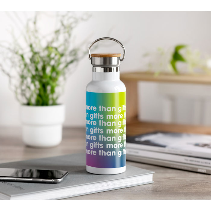 Branded Stainless Steel and Bamboo Water Bottle in use