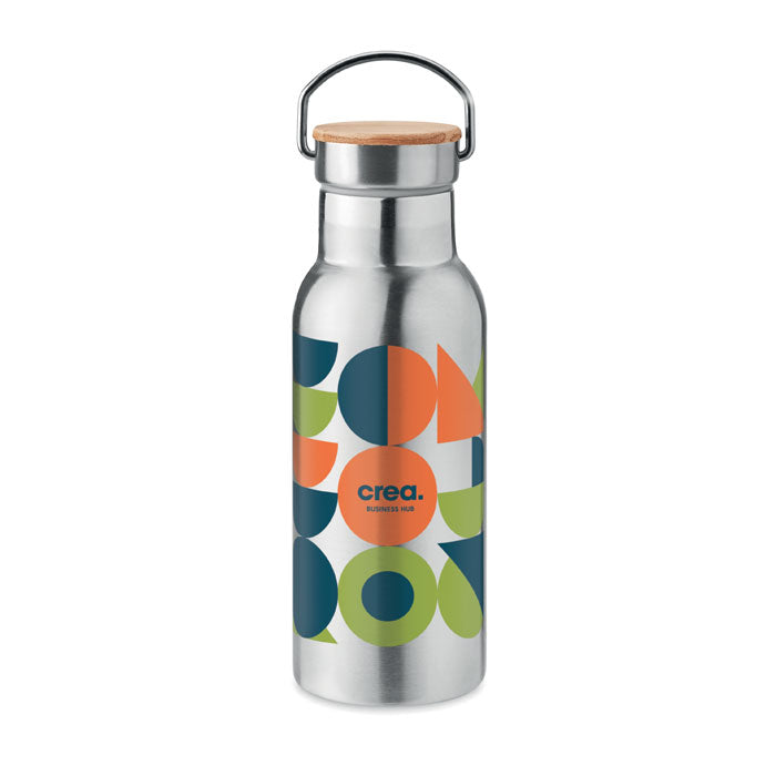 Branded Stainless Steel and Bamboo Water Bottle in Silver