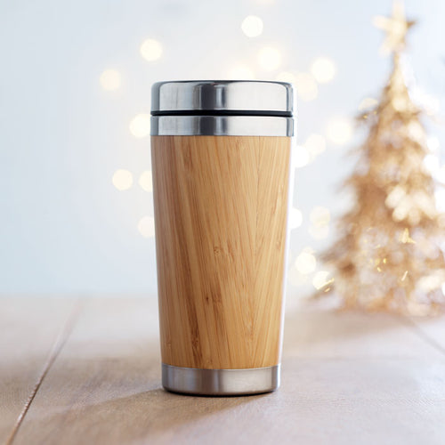 Branded Insulated Bamboo Travel Tumbler in use