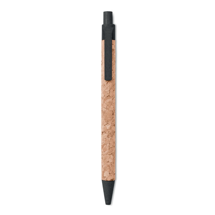 Branded Cork Barrel Ball Pen with Wheat Straw Fittings in Black