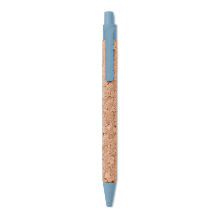 Branded Cork Barrel Ball Pen with Wheat Straw Fittings in Blue