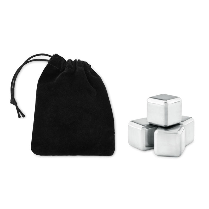 Branded Set of 4 Stainless Steel Ice Cubes in Pouch