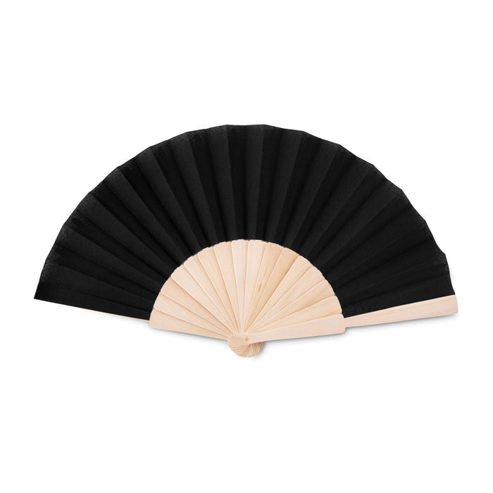 Branded Wooden Hand Fan with Polyester Fabric in Black