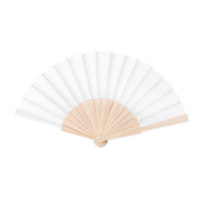 Branded Wooden Hand Fan with Polyester Fabric in White