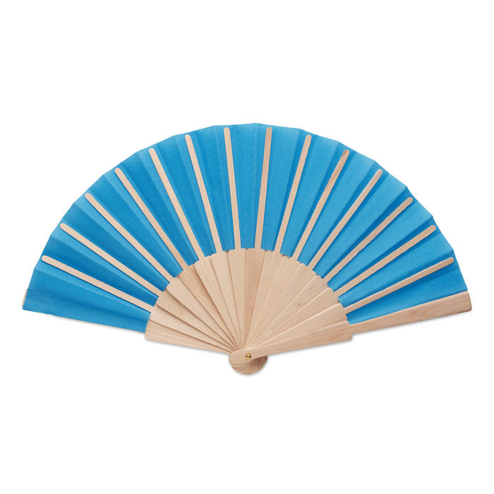 Branded Wooden Hand Fan with Polyester Fabric in Blue