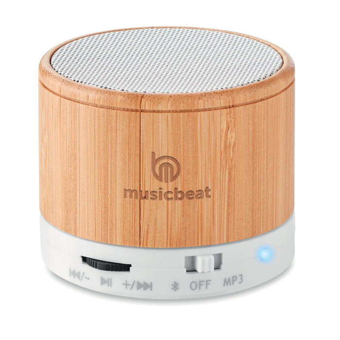 Branded Wireless Round Bamboo Speaker in White