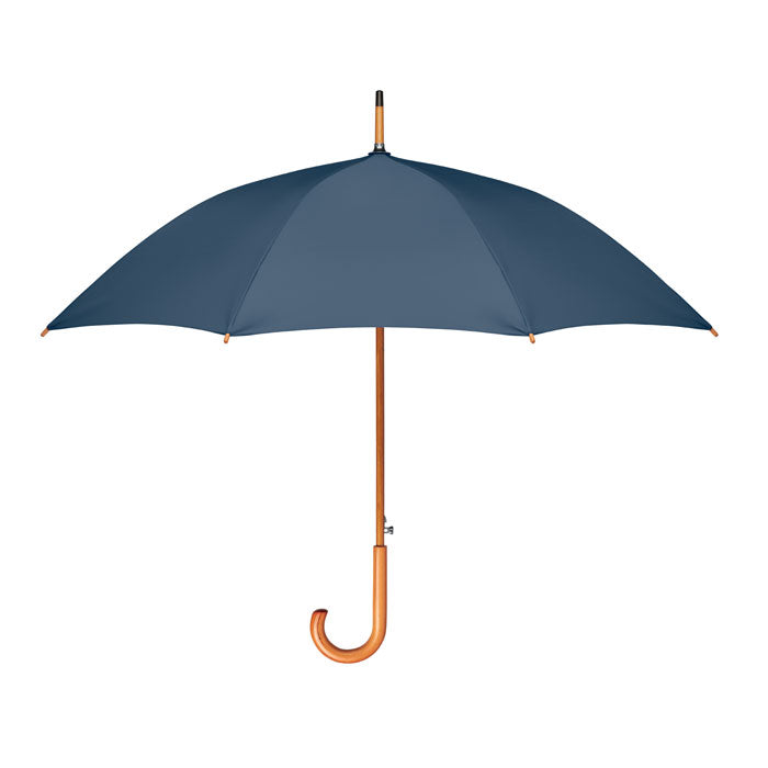Branded 23 Inch RPET Auto Open Wooden Umbrella in Blue