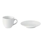 Branded espresso cup and saucer, alternate view