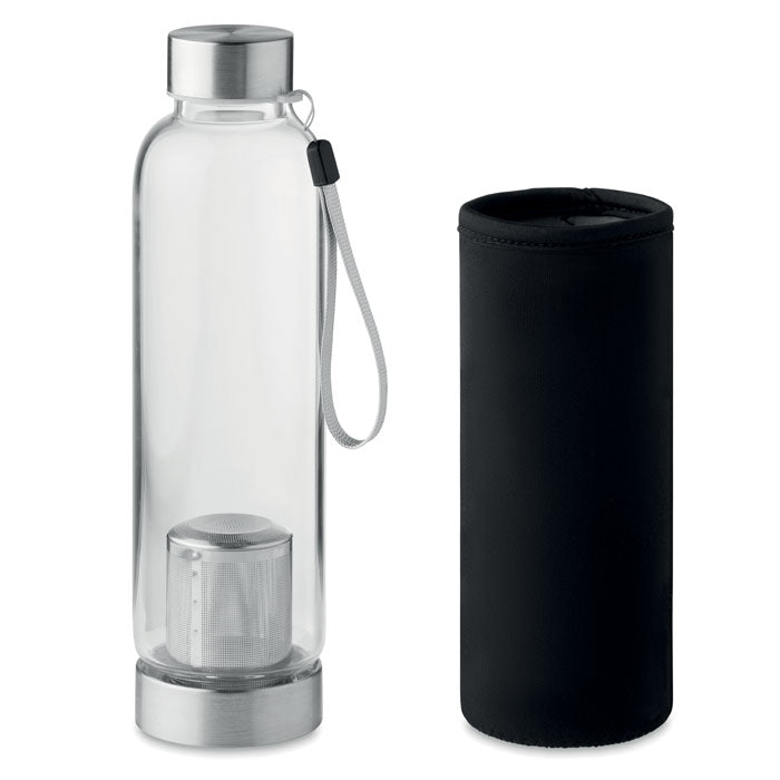 Branded borosilicate glass bottle with tea infuser