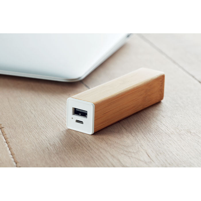 Branded Power Bank 2200mAh in Bamboo Case in use