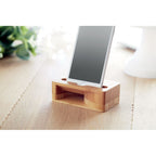Branded Bamboo Phone Stand in use