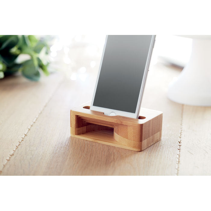 Branded Bamboo Phone Stand in use