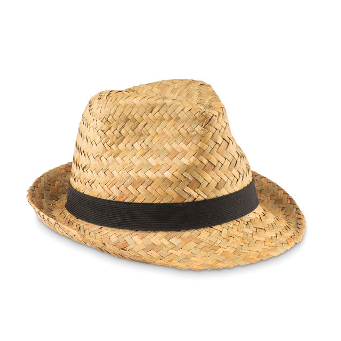 Branded Natural Straw Hat in Black