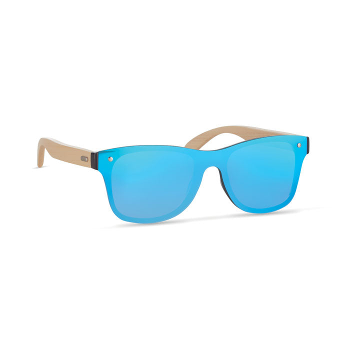Branded Bamboo Arm Sunglasses with Mirrored Lenses in Blue