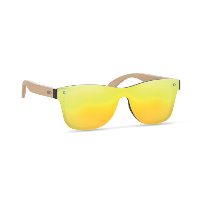 Branded Bamboo Arm Sunglasses with Mirrored Lenses in Yellow