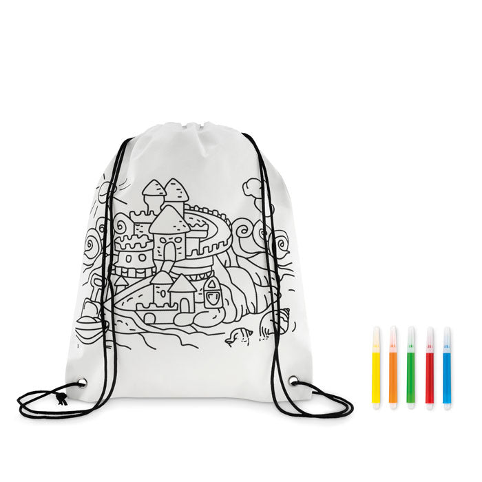 Branded Non-Woven Kids Bag with Colouring Pens in White