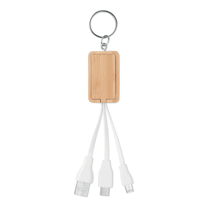 Branded Bamboo 3 in 1 Charging Cable Key Ring without branding