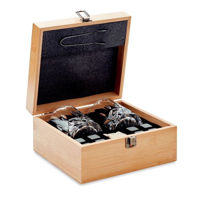 Branded Whisky Glass Set in Bamboo Box