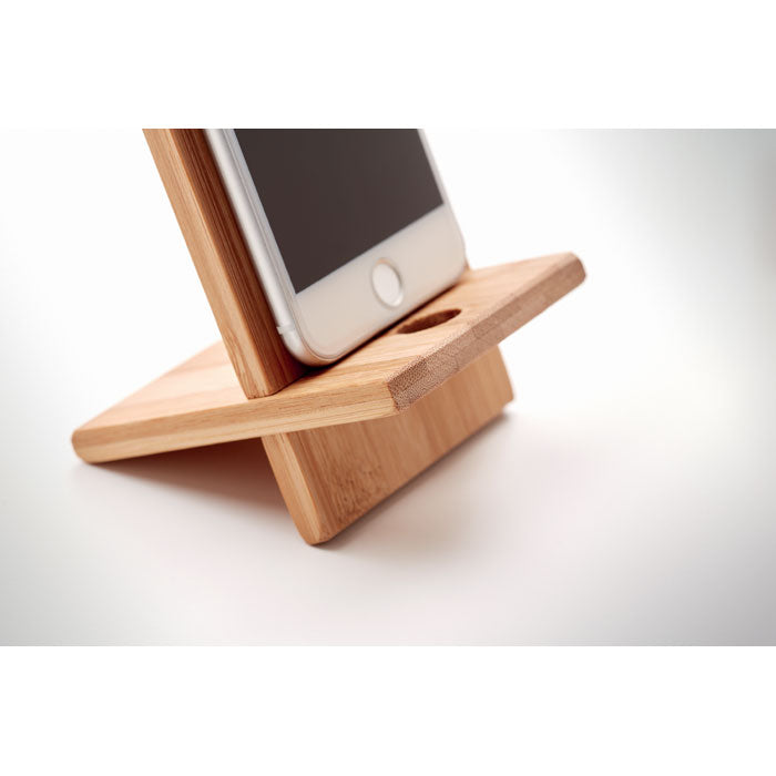 Branded 2 Part Bamboo Phone Stand in use