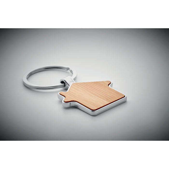 Branded House Shaped Zinc Alloy Key Ring with Bamboo without branding