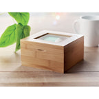 Branded Bamboo Tea Box with Glass Lid in use
