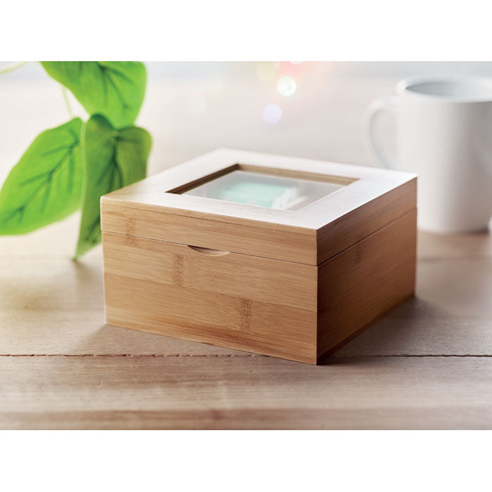 Branded Bamboo Tea Box with Glass Lid in use