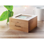 Branded Bamboo Tea Box with Glass Lid in use