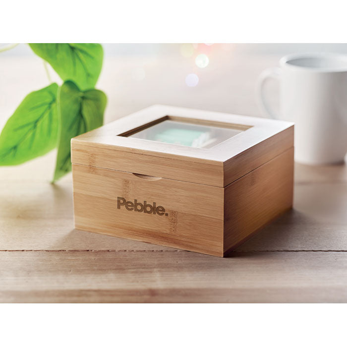 Branded Bamboo Tea Box with Glass Lid in use