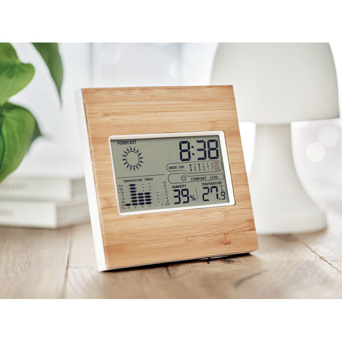Branded Weather Station with Bamboo Front in use